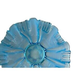Antique Jefferson Opalescent Blue Pressed Glass Ruffled Shell Bowl c1905 8"